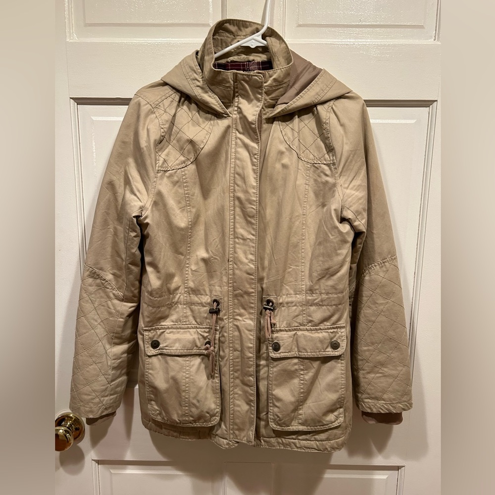 AEROPOSTALE PRINCE & FOX WOMENS TAN UTILITY JACKET RED PLAID LINING SIZE MEDIUM